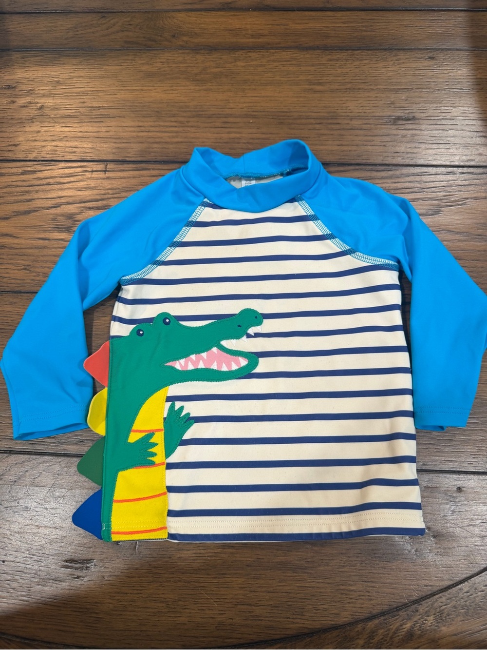 Baby Boden Blue Striped Rashguard with Green Crocodile 9-12 M